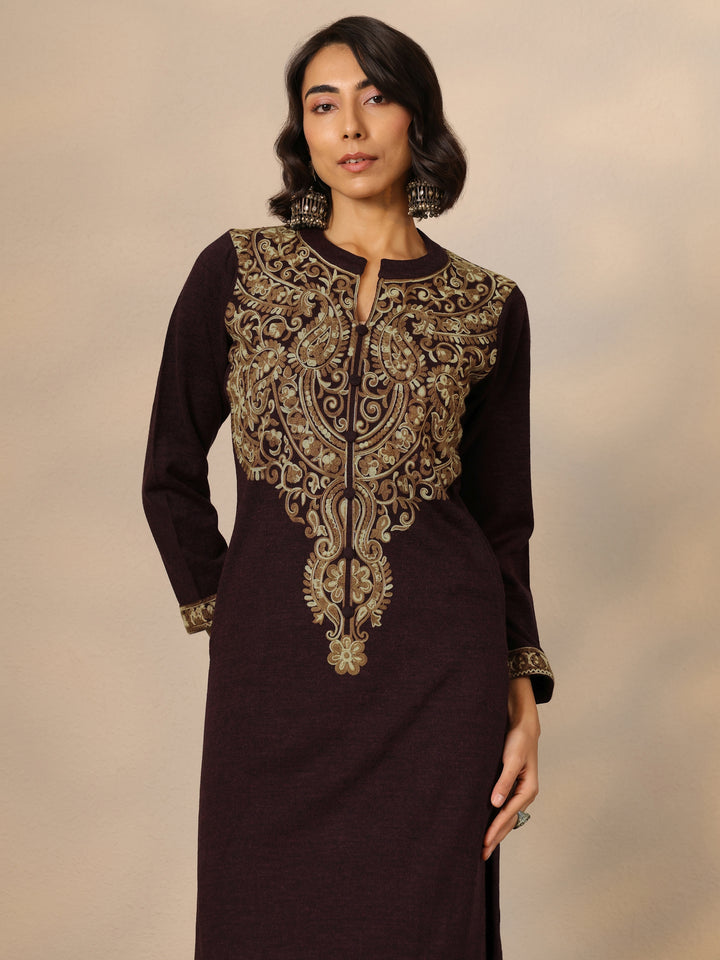 Burgundy Embroidered Wool Straight Suit Set With Dupatta