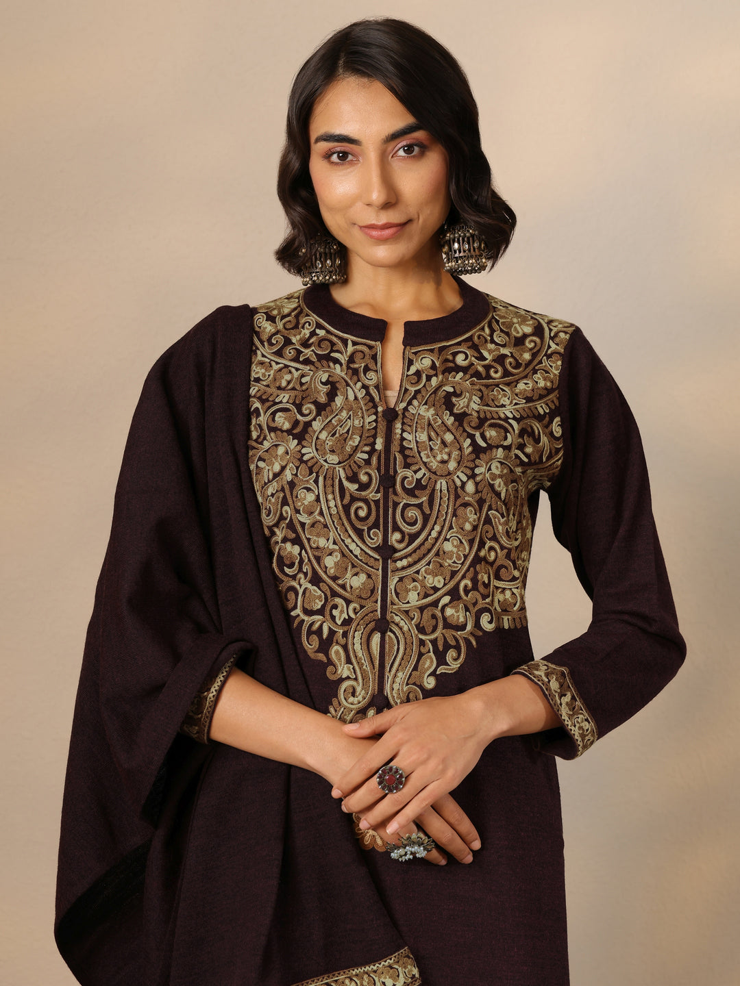 Burgundy Embroidered Wool Straight Suit Set With Dupatta