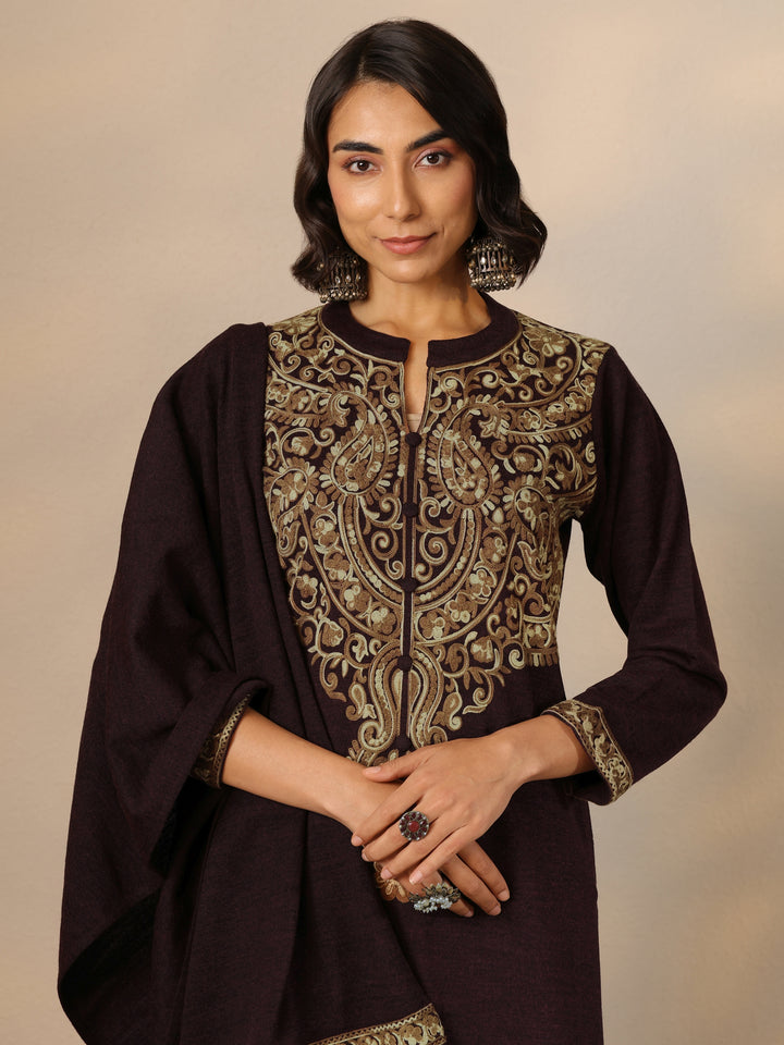 Burgundy Embroidered Wool Straight Suit Set With Dupatta