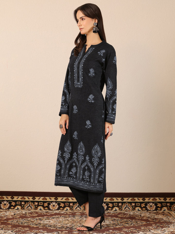 Grey Embroidered Wool Straight Suit Set With Dupatta