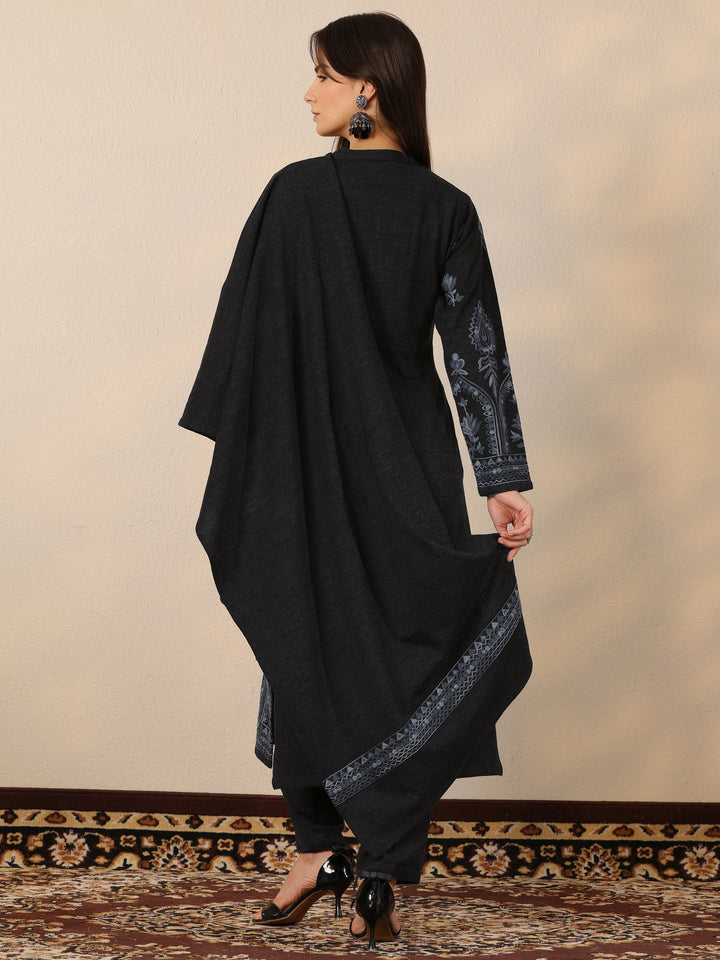 Grey Embroidered Wool Straight Suit Set With Dupatta