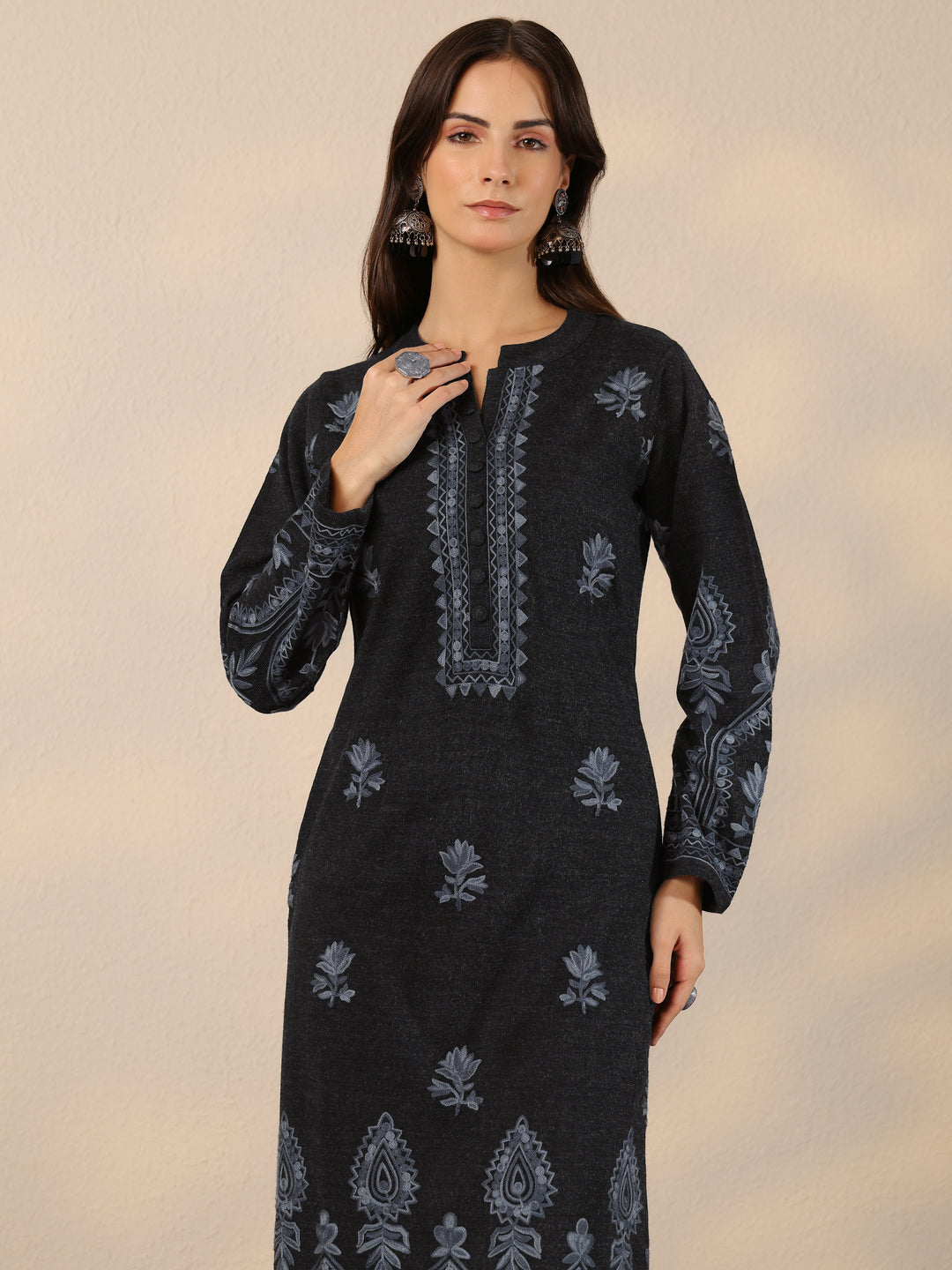 Grey Embroidered Wool Straight Suit Set With Dupatta