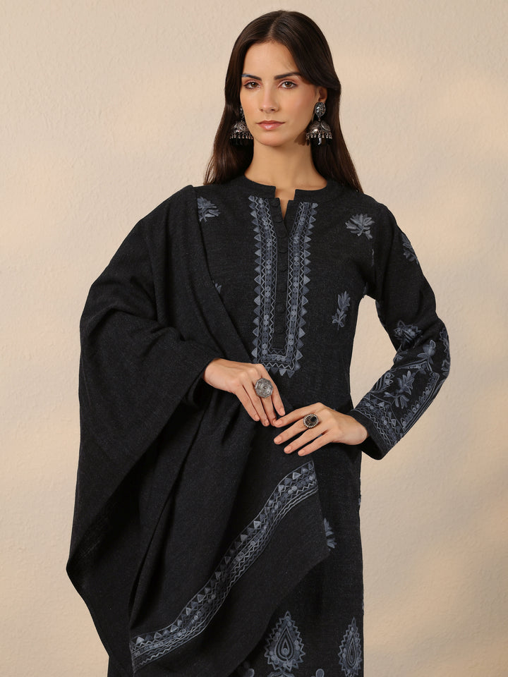Grey Embroidered Wool Straight Suit Set With Dupatta