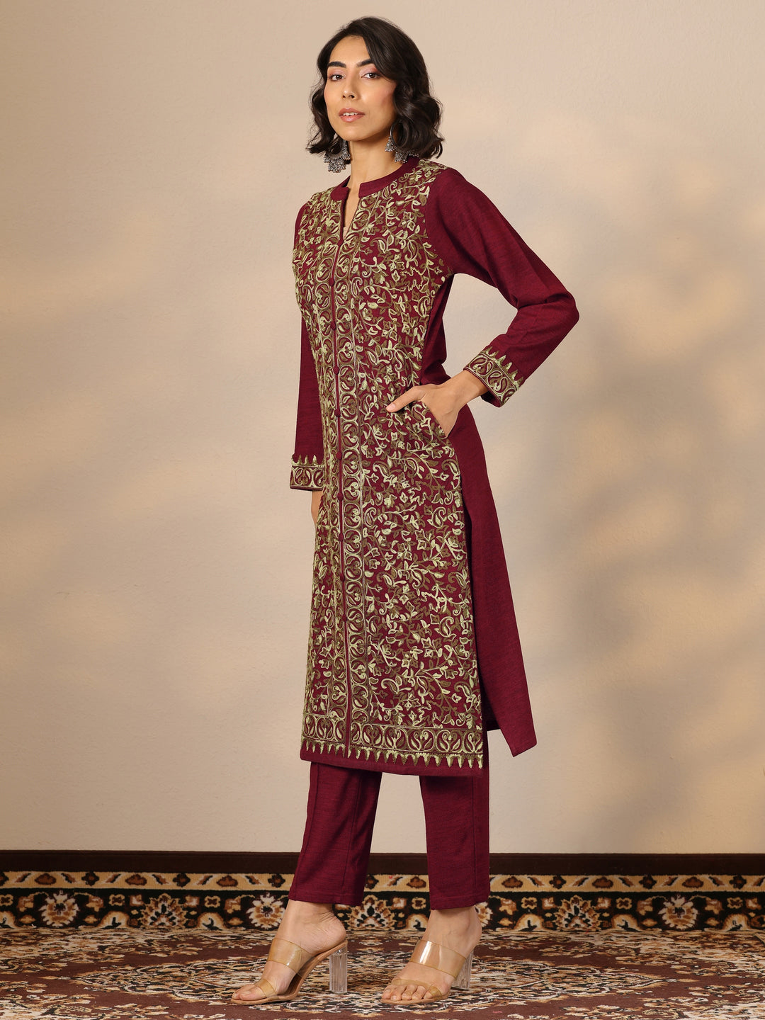 Red Embroidered Wool Straight Suit Set With Dupatta