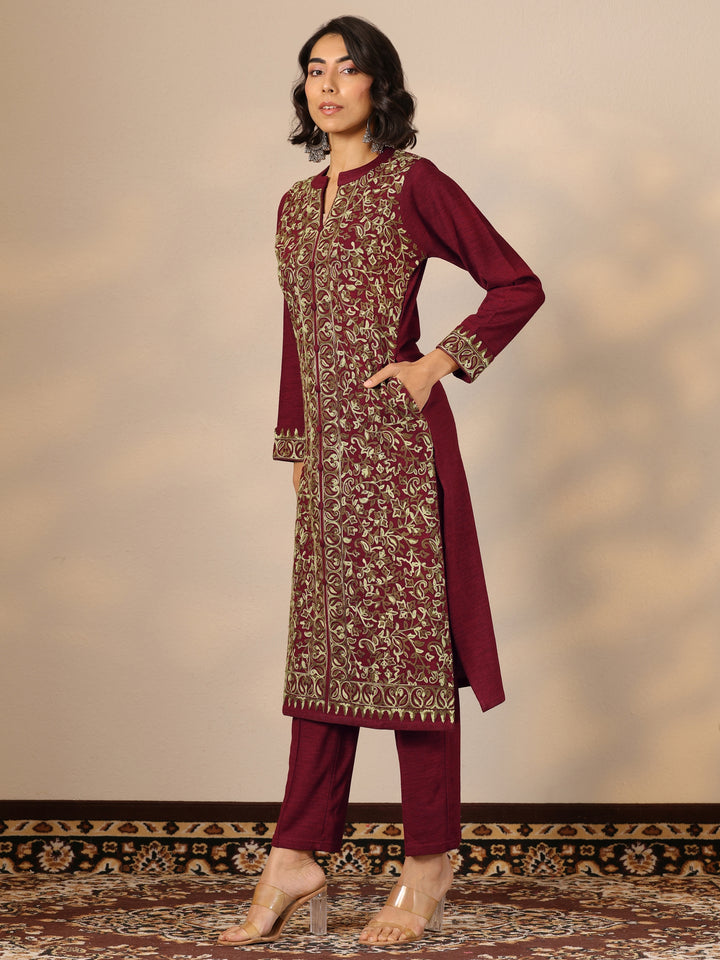 Red Embroidered Wool Straight Suit Set With Dupatta