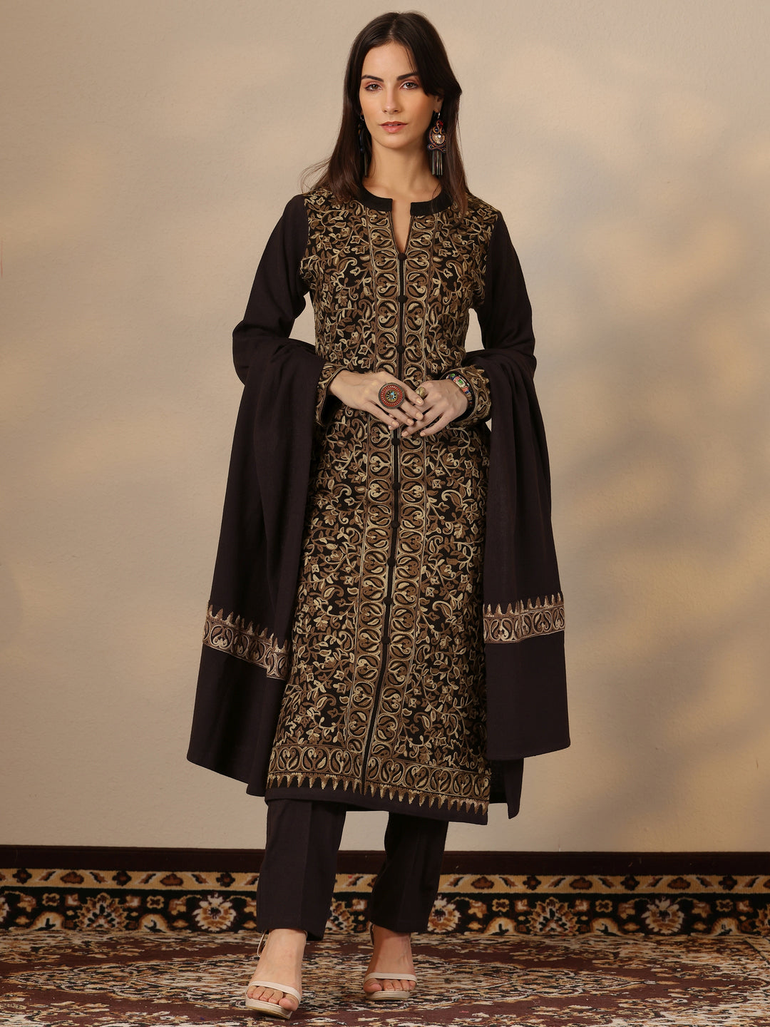 Brown Embroidered Wool Straight Suit Set With Dupatta