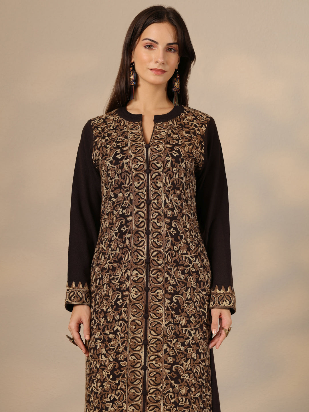 Brown Embroidered Wool Straight Suit Set With Dupatta