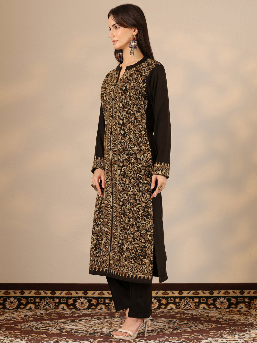 Brown Embroidered Wool Straight Suit Set With Dupatta