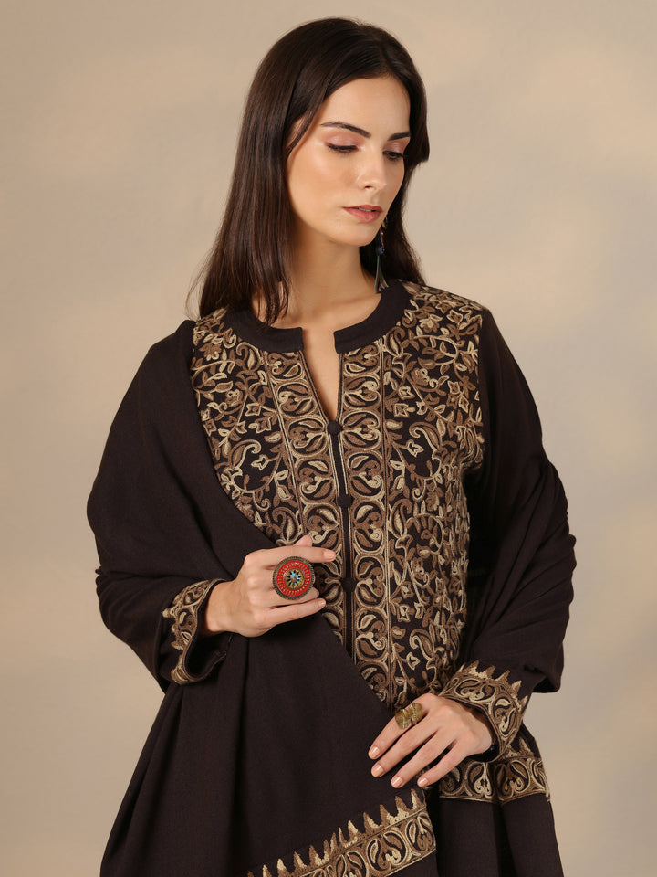 Brown Embroidered Wool Straight Suit Set With Dupatta