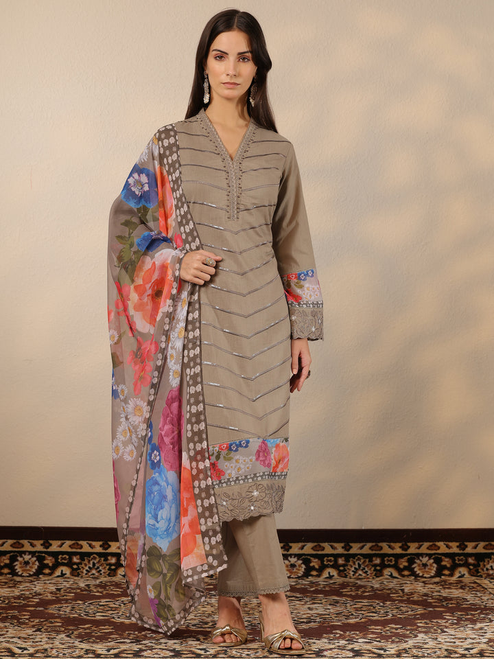 Grey Embroidered Cotton Straight Suit Set With Dupatta