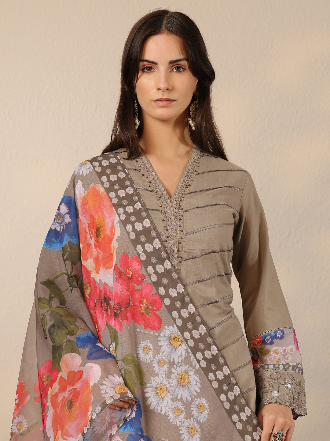 Grey Embroidered Cotton Straight Suit Set With Dupatta