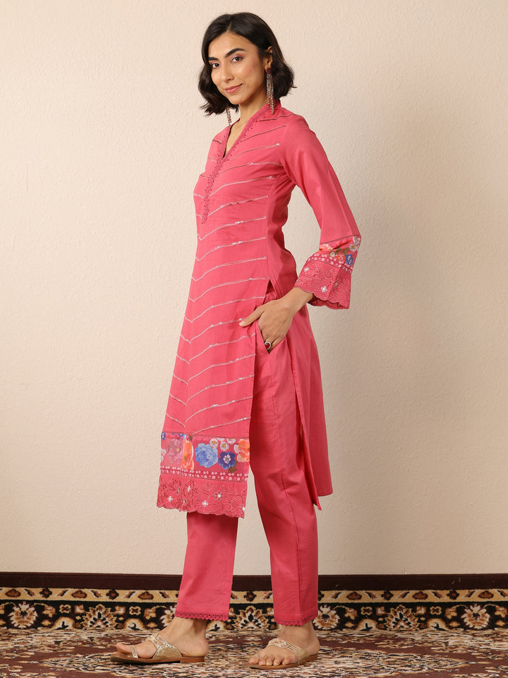 Pink Embroidered Cotton Straight Suit Set With Dupatta