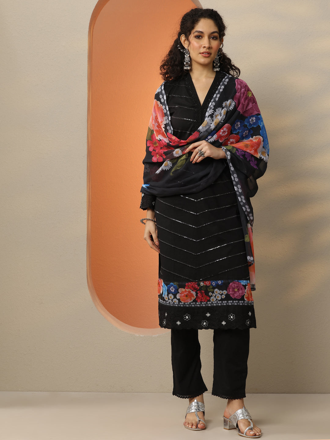 Black Embroidered Cotton Blend  Straight Suit Set With Dupatta