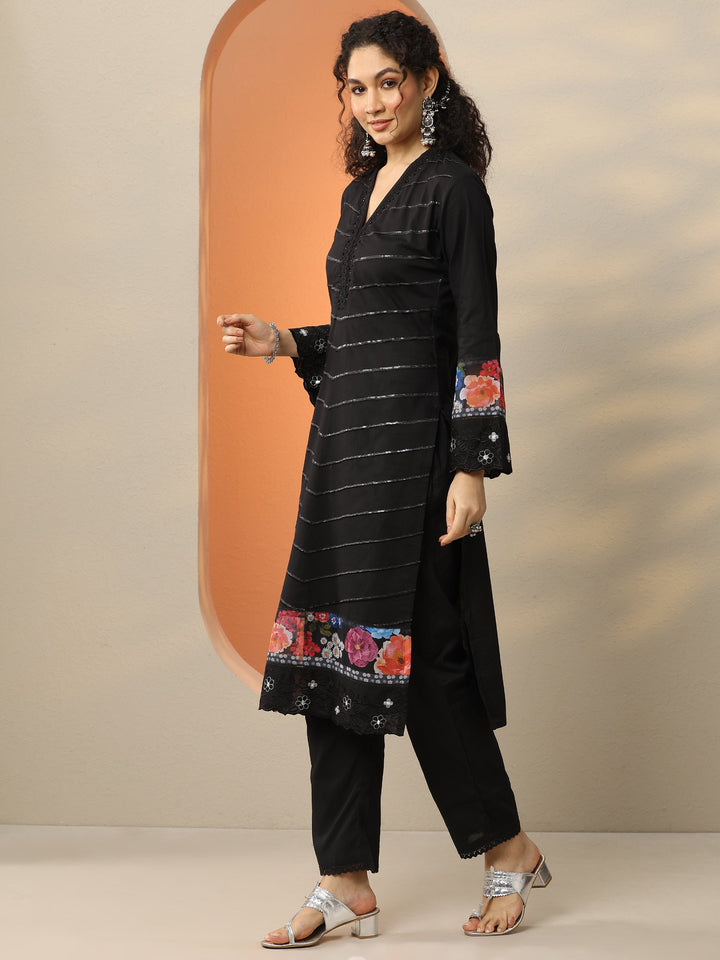 Black Embroidered Cotton Blend  Straight Suit Set With Dupatta