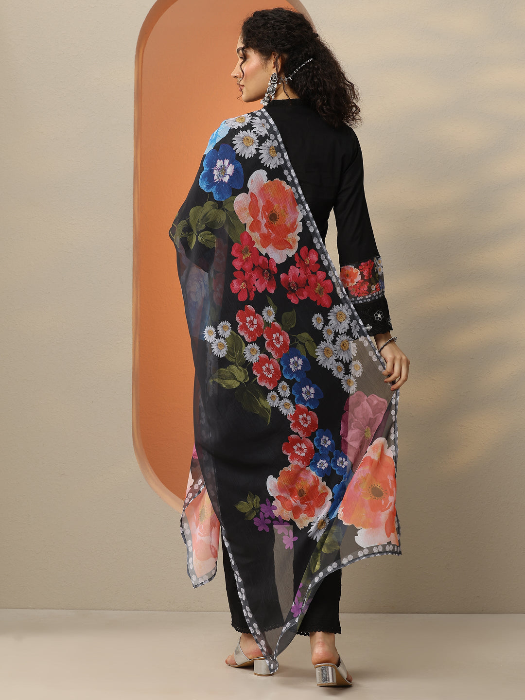 Black Embroidered Cotton Blend  Straight Suit Set With Dupatta