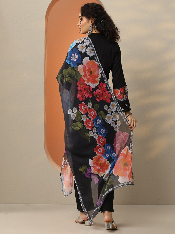 Black Embroidered Cotton Blend  Straight Suit Set With Dupatta