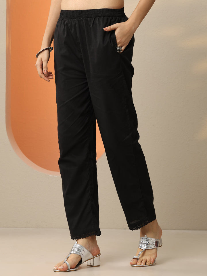 Black Embroidered Cotton Blend  Straight Suit Set With Dupatta