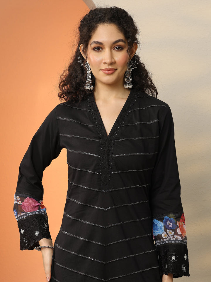 Black Embroidered Cotton Blend  Straight Suit Set With Dupatta