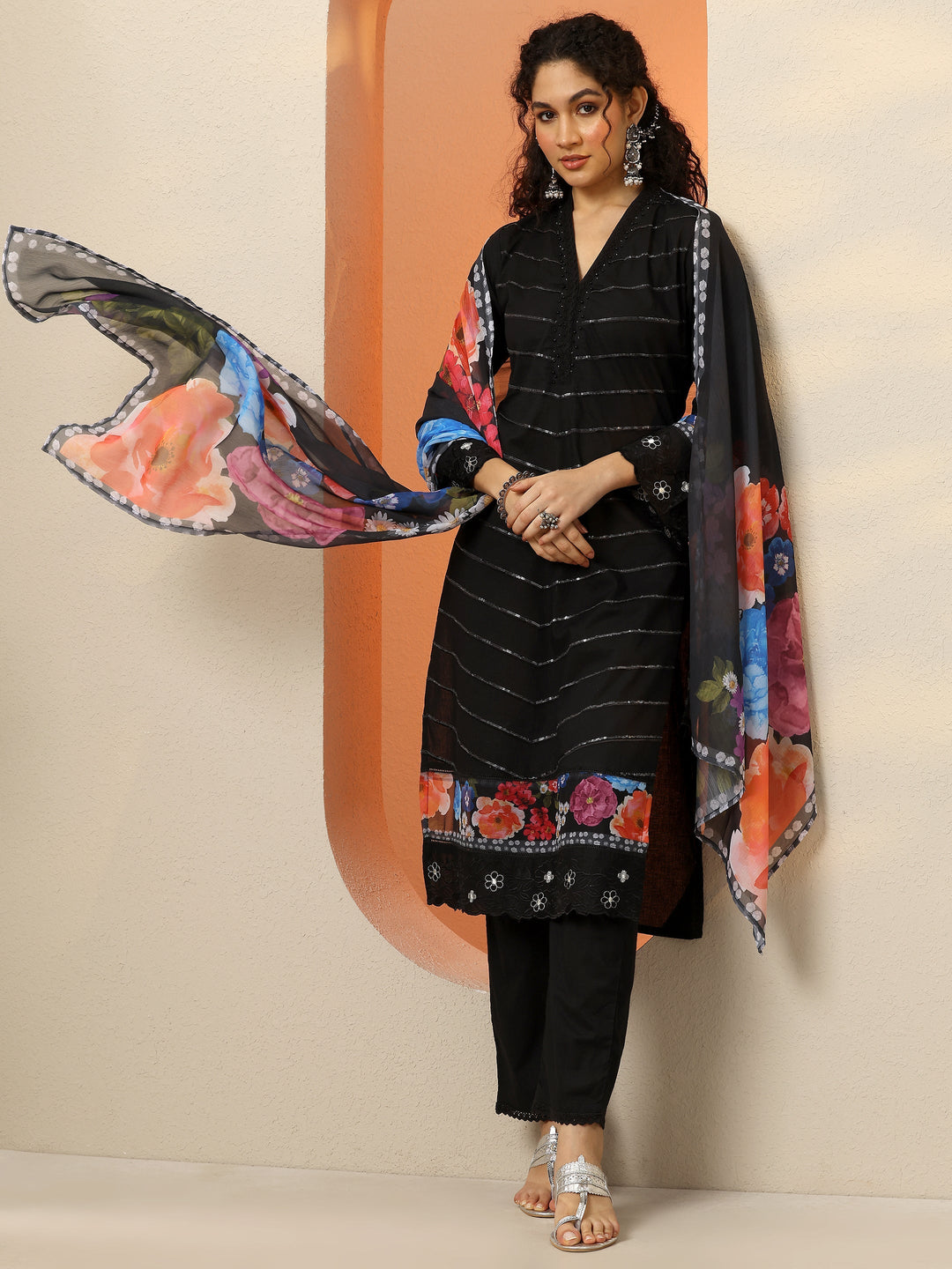 Black Embroidered Cotton Blend  Straight Suit Set With Dupatta