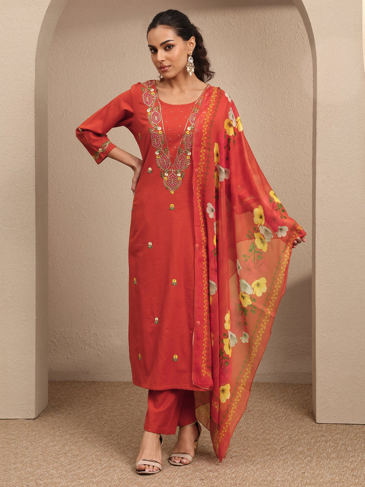 Orange Embroidered Cotton Straight Suit Set With Dupatta