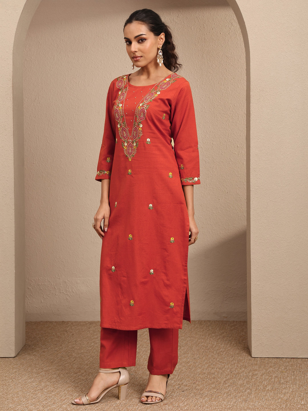 Orange Embroidered Cotton Straight Suit Set With Dupatta