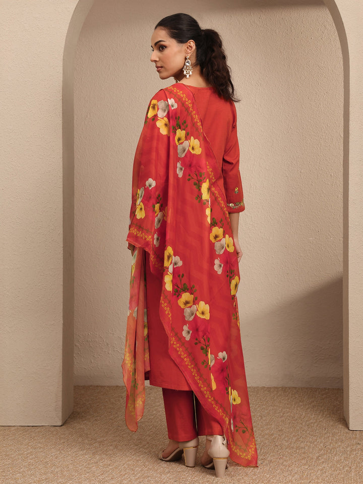 Orange Embroidered Cotton Straight Suit Set With Dupatta