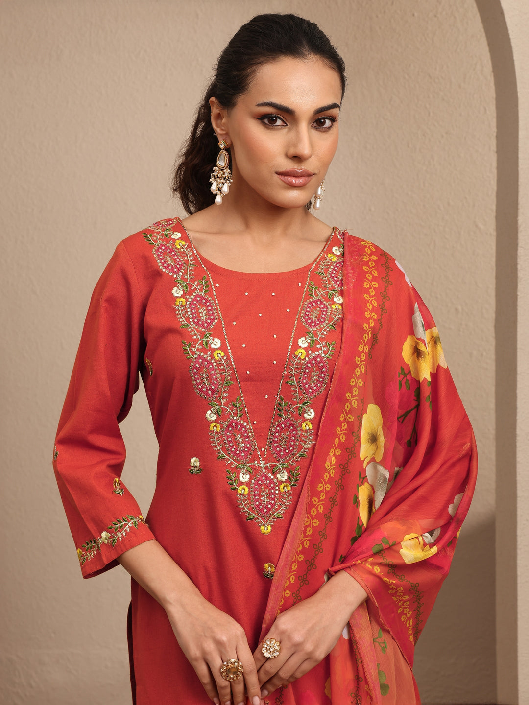 Orange Embroidered Cotton Straight Suit Set With Dupatta