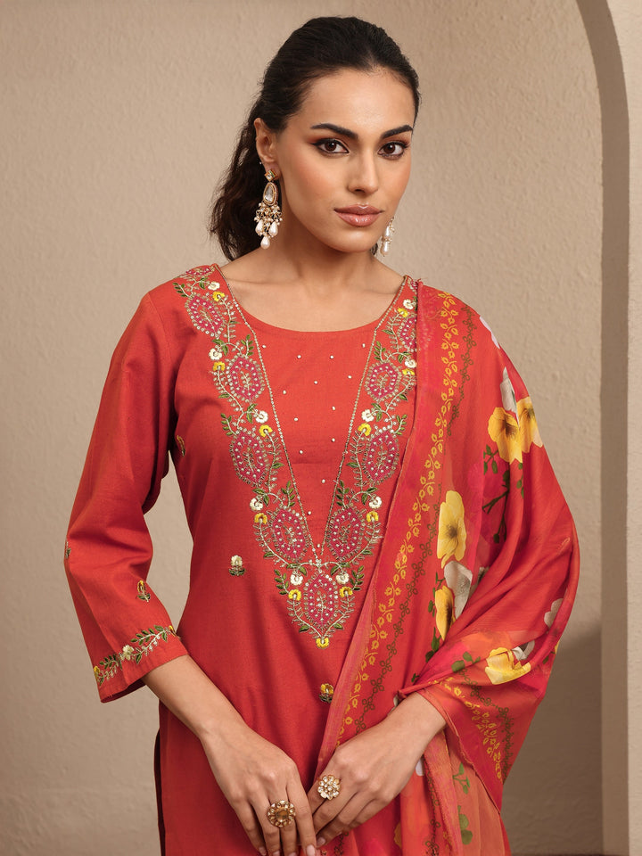 Orange Embroidered Cotton Straight Suit Set With Dupatta