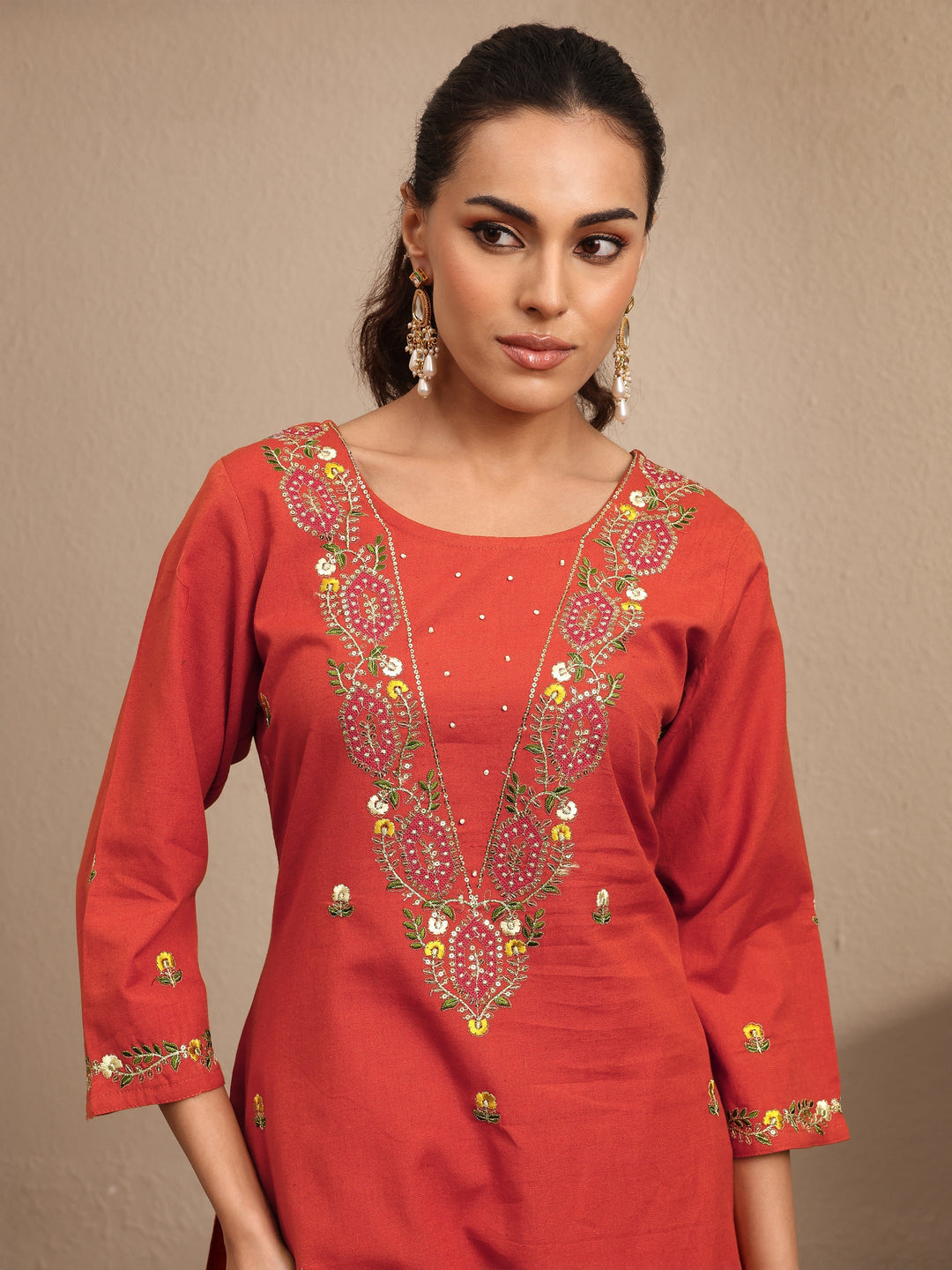 Orange Embroidered Cotton Straight Suit Set With Dupatta
