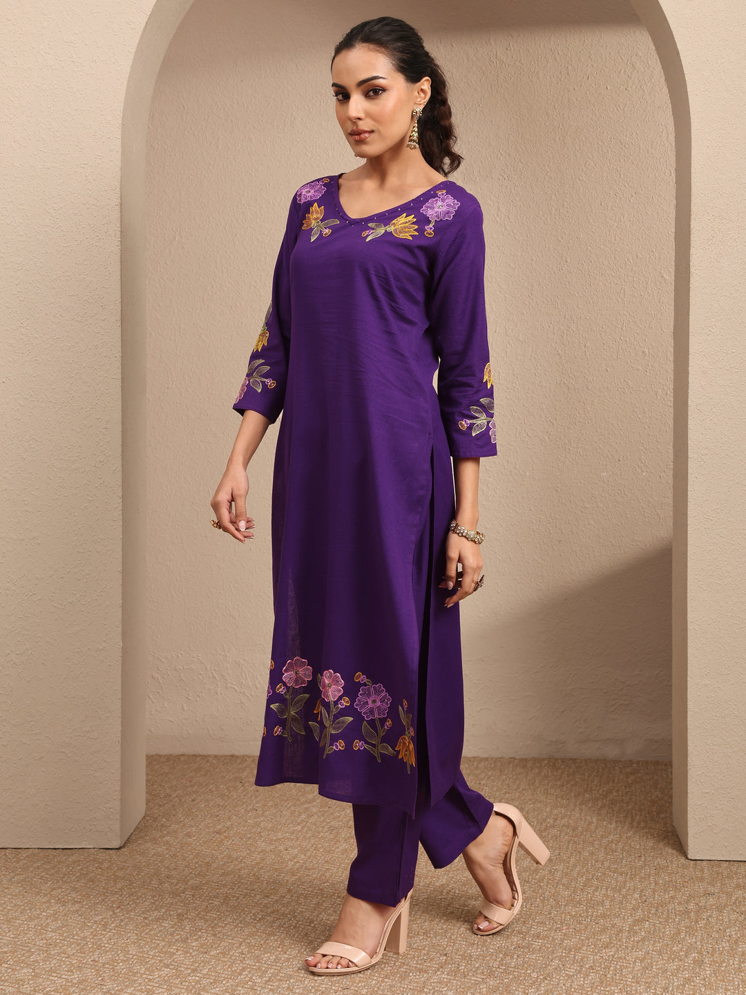 Purple Embroidered Cotton Straight Suit Set With Dupatta