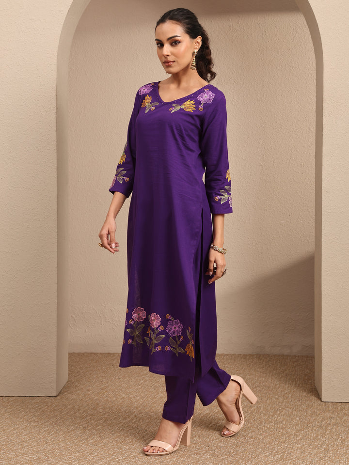 Purple Embroidered Cotton Straight Suit Set With Dupatta
