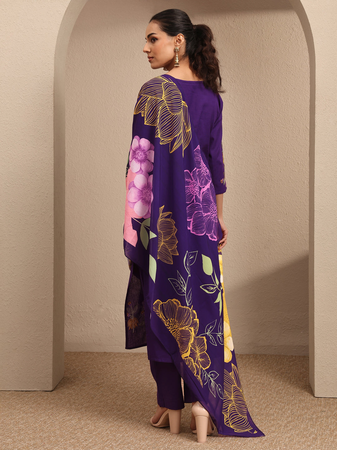 Purple Embroidered Cotton Straight Suit Set With Dupatta