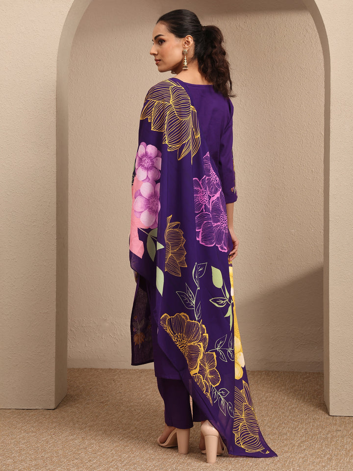 Purple Embroidered Cotton Straight Suit Set With Dupatta