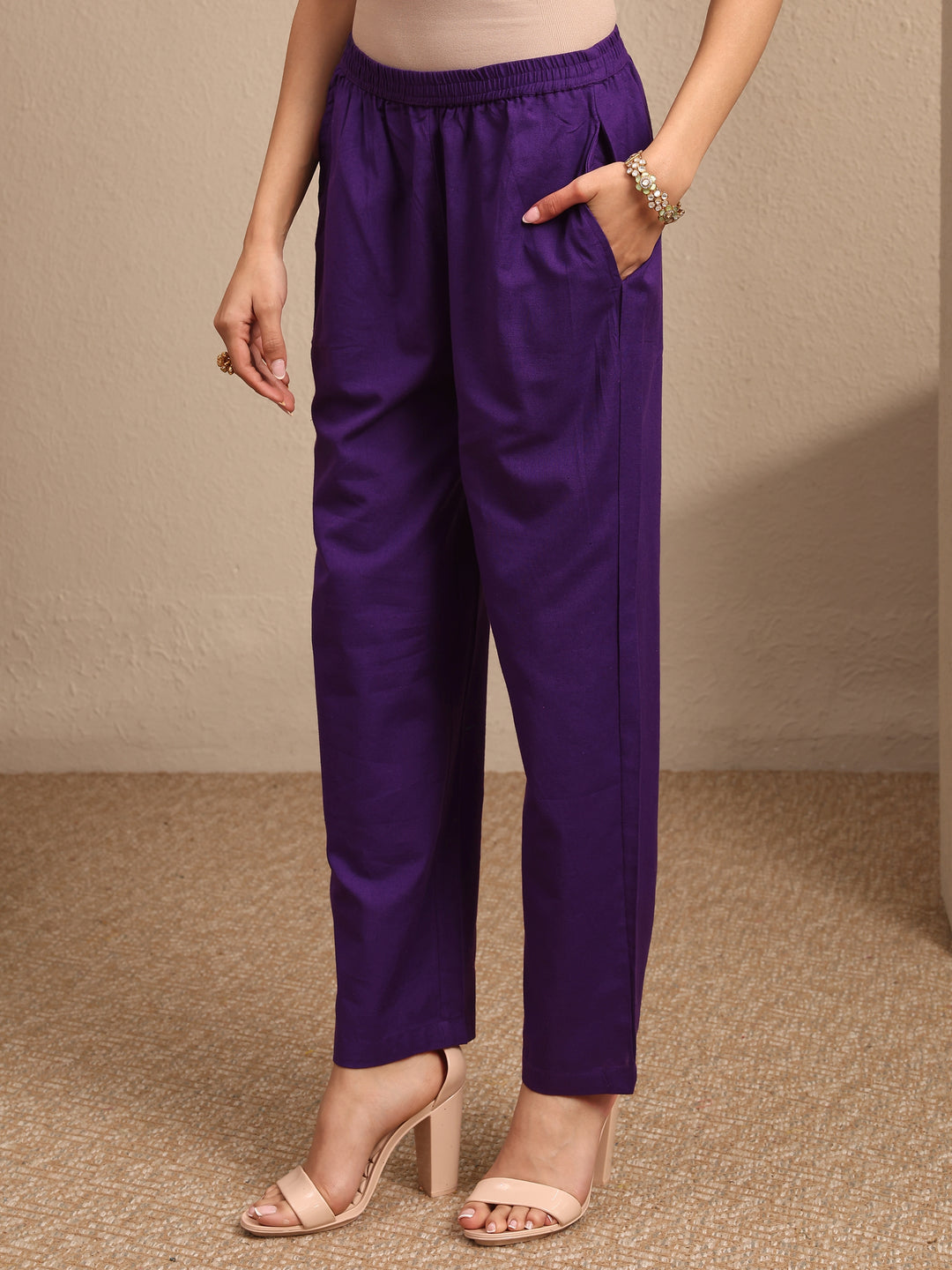 Purple Embroidered Cotton Straight Suit Set With Dupatta