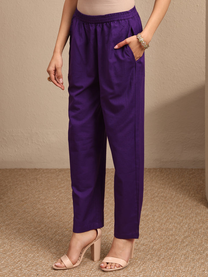 Purple Embroidered Cotton Straight Suit Set With Dupatta