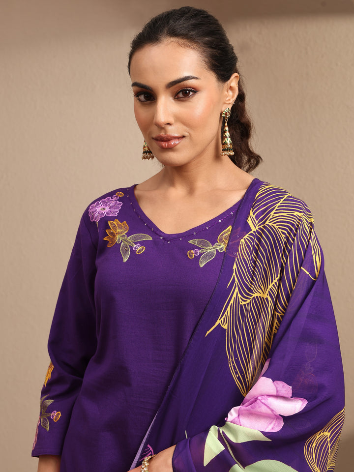 Purple Embroidered Cotton Straight Suit Set With Dupatta