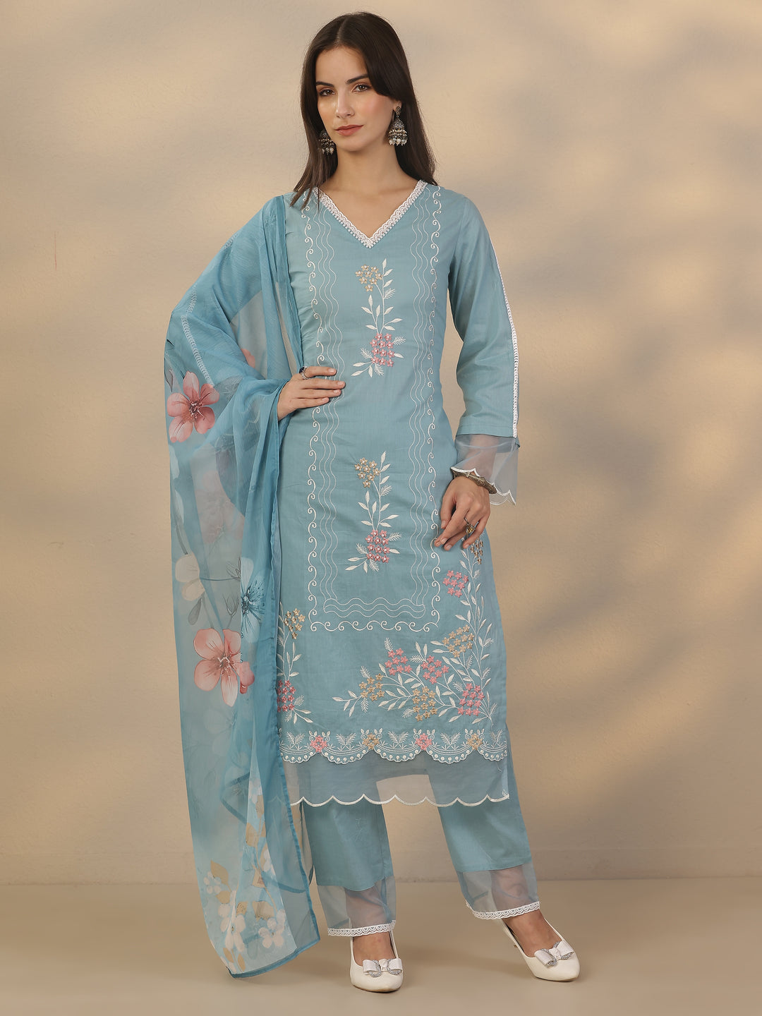 Blue Embroidered Cotton Straight Suit Set With Dupatta