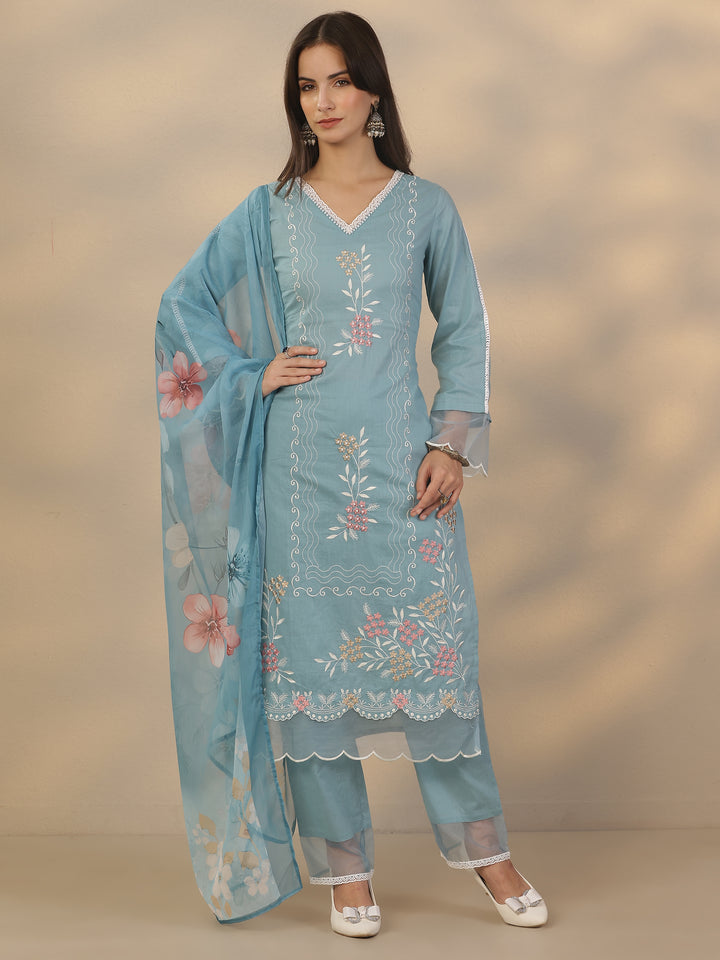 Blue Embroidered Cotton Straight Suit Set With Dupatta