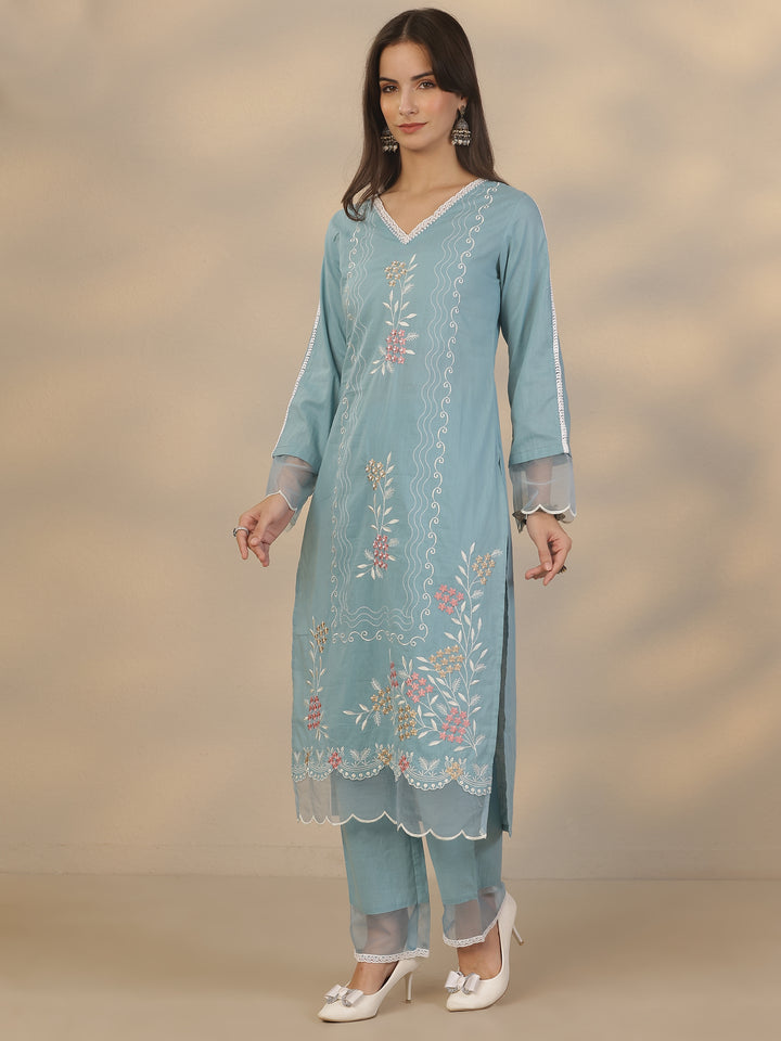 Blue Embroidered Cotton Straight Suit Set With Dupatta