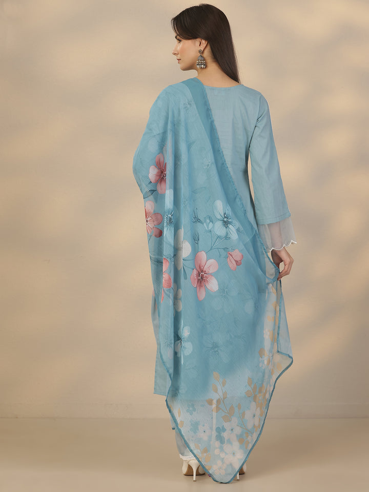 Blue Embroidered Cotton Straight Suit Set With Dupatta