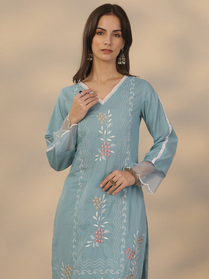 Blue Embroidered Cotton Straight Suit Set With Dupatta