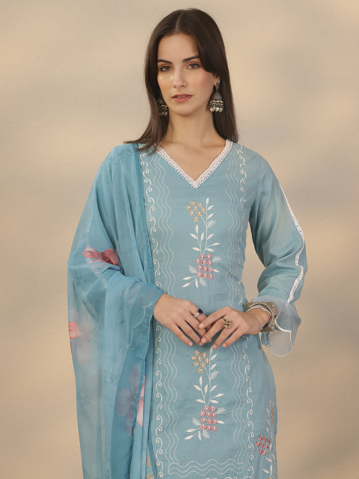 Blue Embroidered Cotton Straight Suit Set With Dupatta