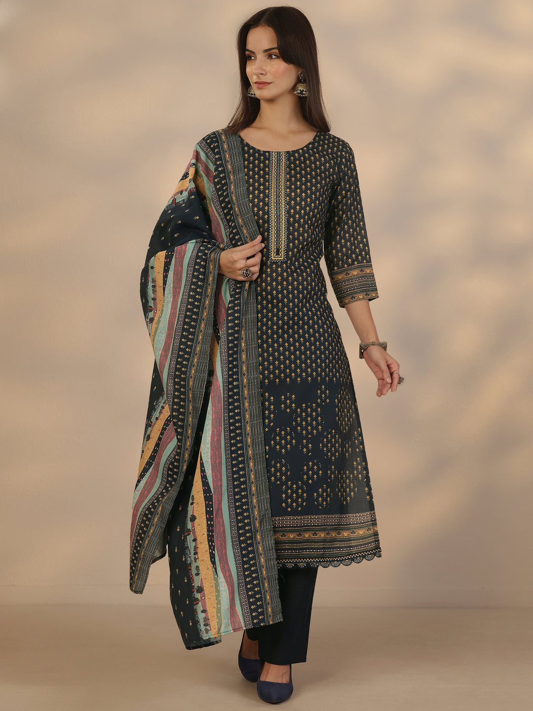 Navy Blue Printed Cotton Straight Suit Set With Dupatta