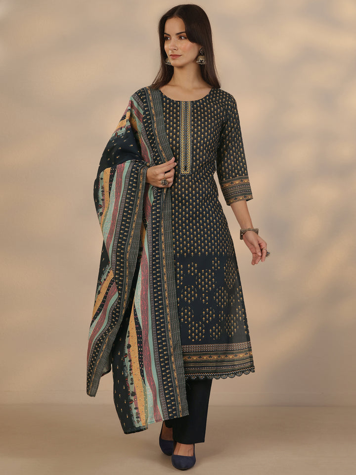 Navy Blue Printed Cotton Straight Suit Set With Dupatta
