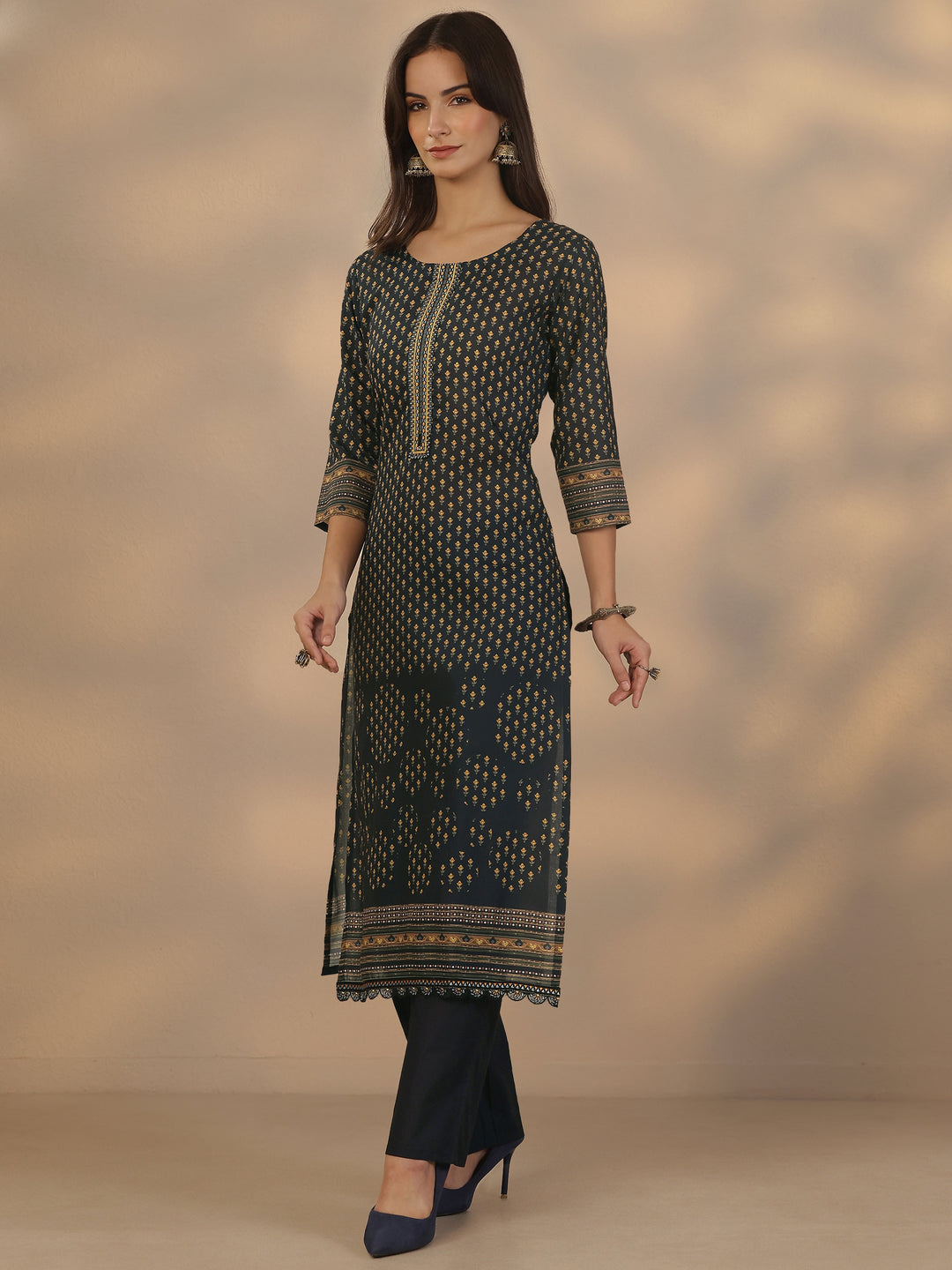 Navy Blue Printed Cotton Straight Suit Set With Dupatta
