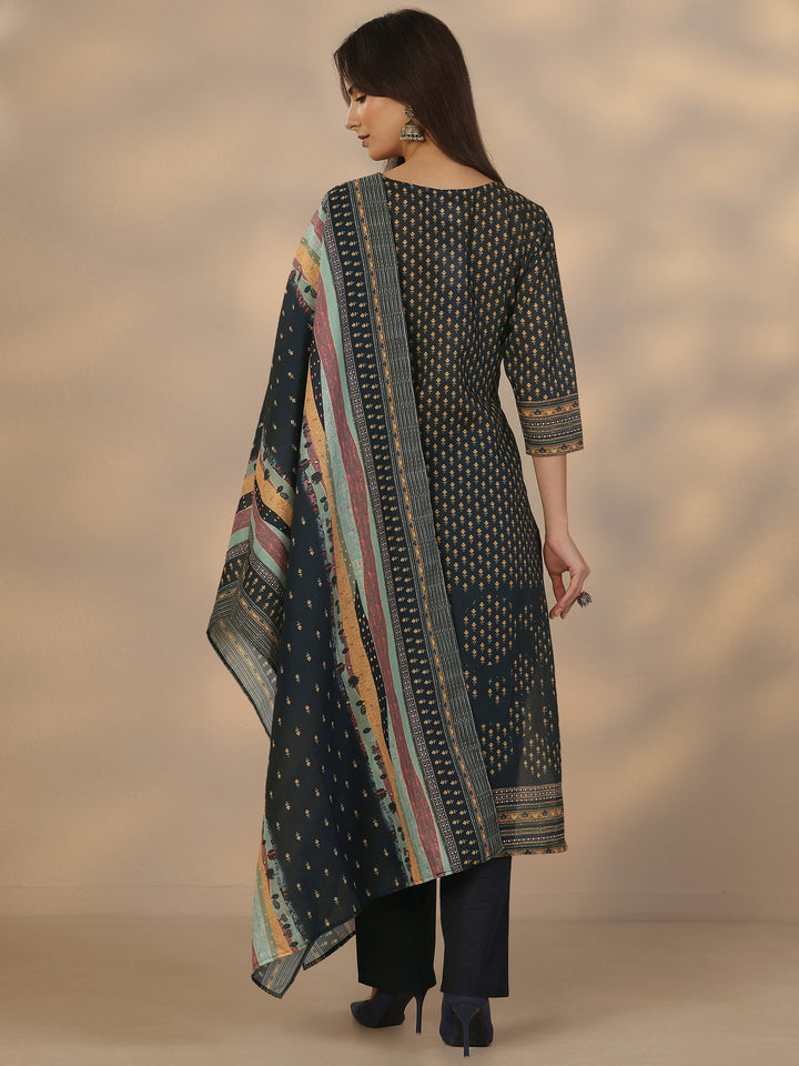 Navy Blue Printed Cotton Straight Suit Set With Dupatta
