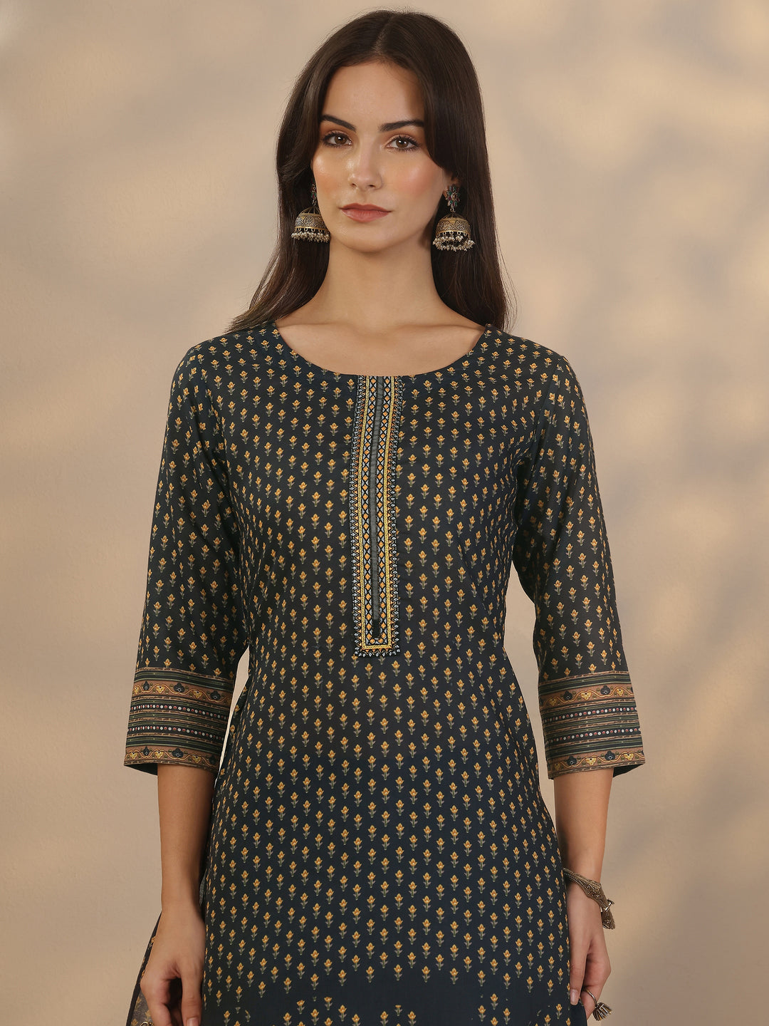 Navy Blue Printed Cotton Straight Suit Set With Dupatta