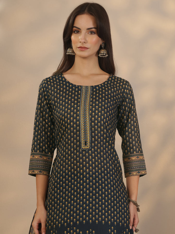 Navy Blue Printed Cotton Straight Suit Set With Dupatta