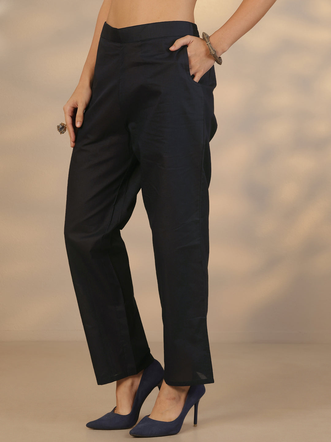 Navy Blue Printed Cotton Straight Suit Set With Dupatta