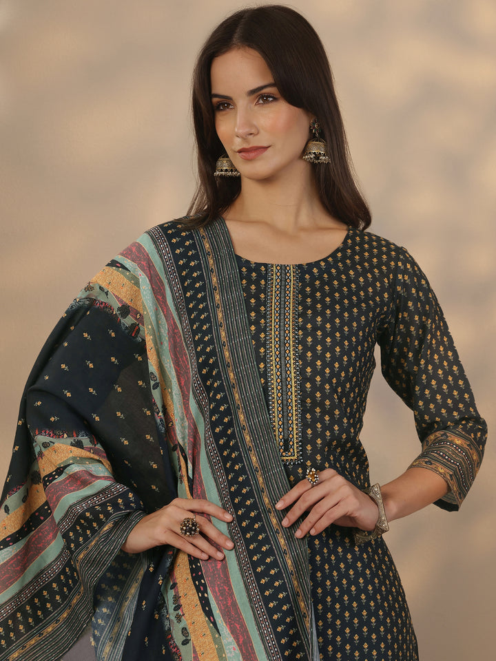 Navy Blue Printed Cotton Straight Suit Set With Dupatta